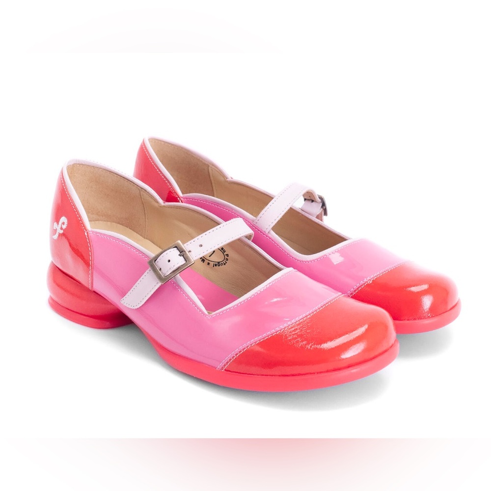 fluevog women’s sandra, pink-red, rounded toe, Mary Jane shoe.